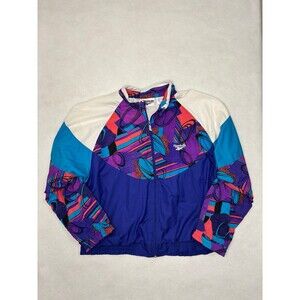 Vintage Reebok Windbreaker Jacket Womens Large Purple Blue 90s Geometric Ful Zip